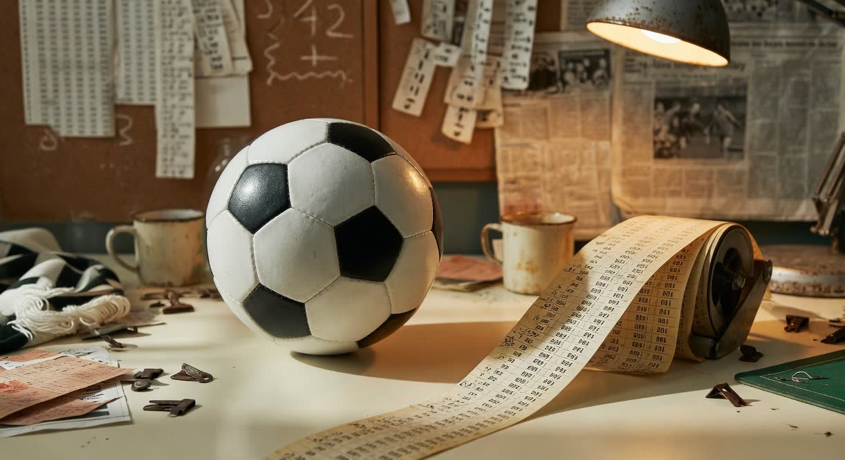 A soccer ball on a desk beside a live price tape
