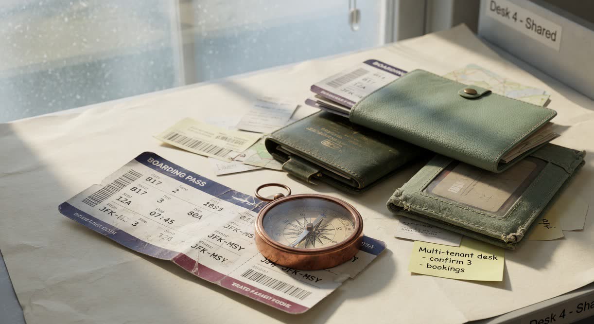 Boarding passes and travel wallets on a shared booking desk